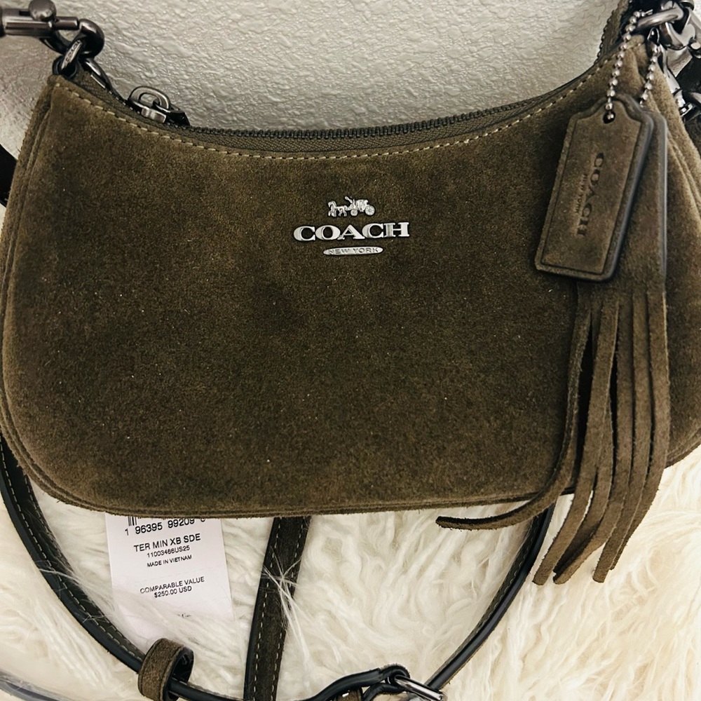 Coach Army Green Suede Satchel Crossbody Bag NWT - Picture 3 of 6